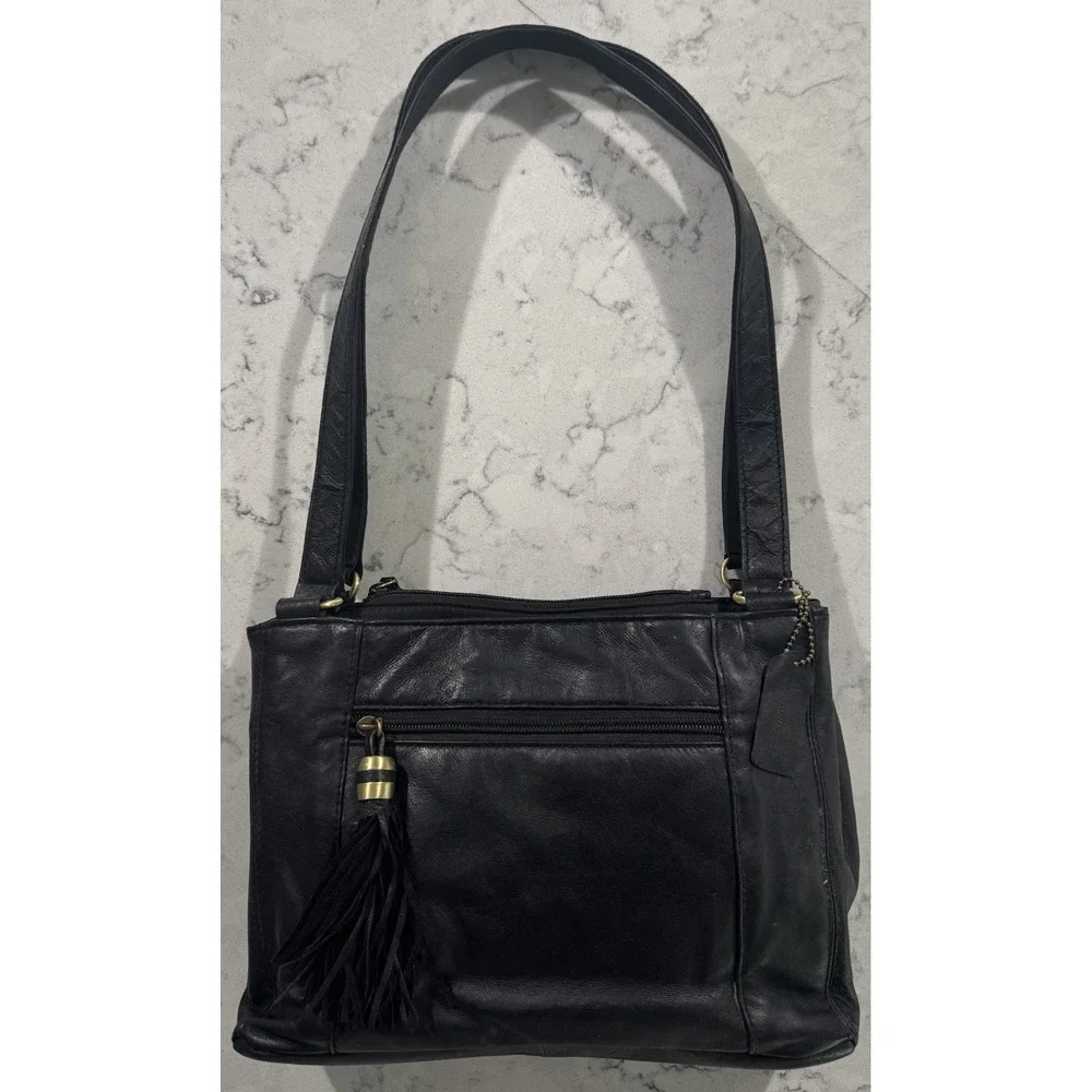 Vintage Cabin Creek Shoulder Bag Medium Black Leather Tassel Pocket JCPenney 90s
